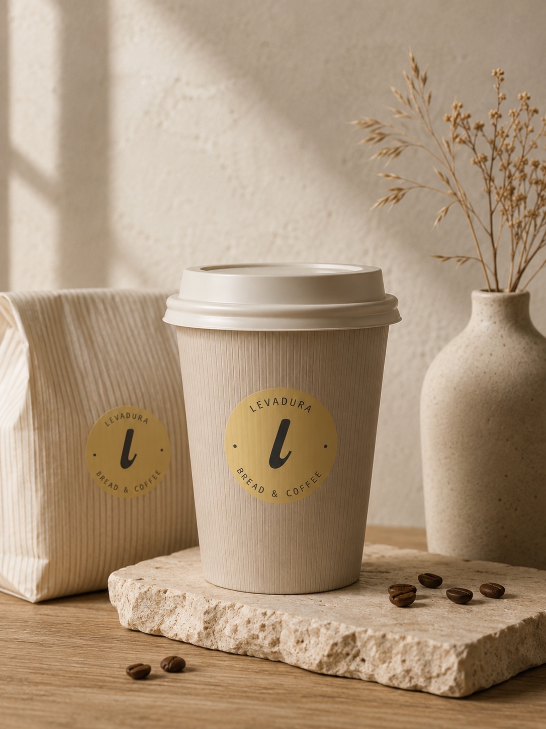 Levadura branded coffee cup and packaging
